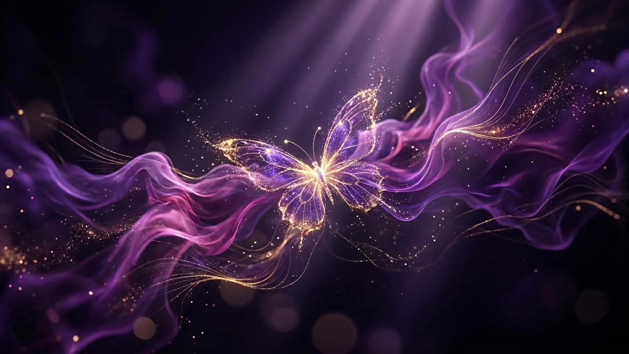 Violett-goldene Energie, aus der sich ein Schmetterling aus Licht formt